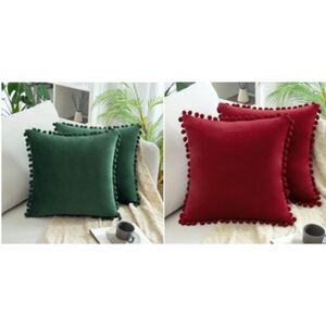 Boho Red/Green  Velvet Soft Decorative Throw Pillow Covers w/Tassels Fringe Set